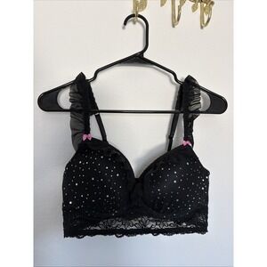 SAKI Silver Push Up Underwire Sparkle Sexy Frills Bra Black Size 36C Padded